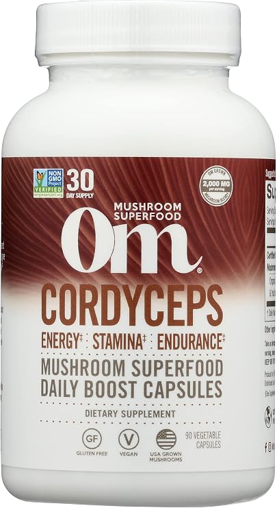 Om Mushroom Superfood Cordyceps Mushroom Capsules Superfood Supplement, Energy, Power, Stamina and Endurance Support, Superfood Supplement for Sports Performance, 30 Days, 90 Capsules