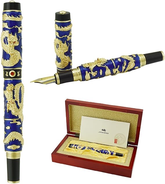 Chinese Fountain Pen Collection by Jinhao Blue Double Dragon Medium Cloisonne Enamel Handcraft for Signature and Collection with Wooden Gift Box