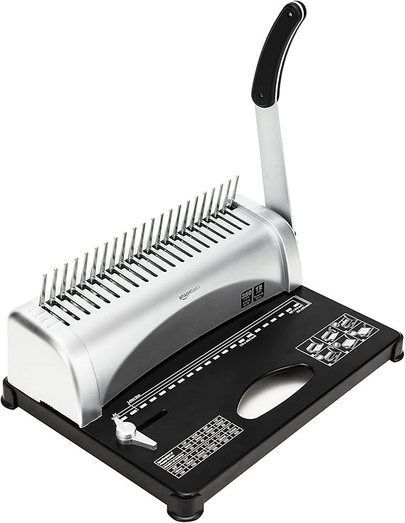 Amazon Basics Comb Binding Machine, 350 Sheets Capacity, Punches 12 Sheets, for Paper Sizes A5(15 holes)/Letter(19 holes)/A4(21 holes) with Adjustable Margin, Grey