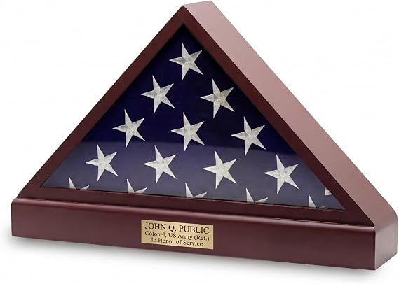 Burial Flag Display Case Personalized, 5x9 Flag Display Stand with Pedestal, Flag Case for Funeral Flag, Solid Wood Cherry Finish, Flag Case with Name Plate