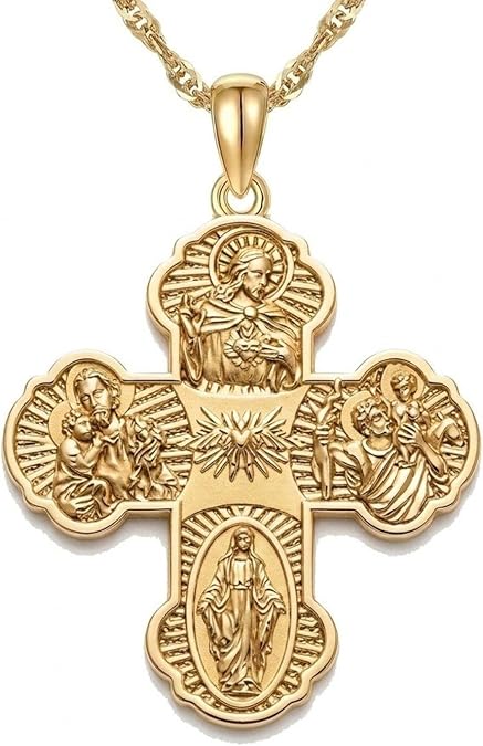 Catholic Cross Necklace for Men 14K Yellow Gold Plated Scapular Catholic Pendant Chunky cross Necklace Four Way Cross Jewelry Christian Religious Gifts for Men