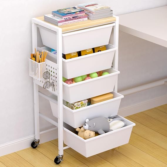 Rolling Cart with Drawers, Rolling Storage Cart with 5 Large Plastic Drawers and Wooden Table Top, Utility Cart with Pegboard and Basket, Storage Drawer Cart for Living Room, Classroom, Bedroom