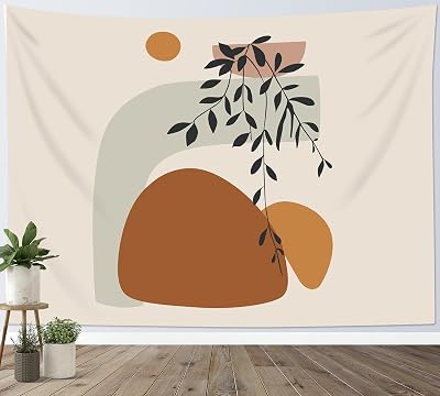 HVEST Mid Century Abstract Tapestry Wall Hanging Boho Leaf Modern Sun Minimalist Art Wall Hanging Tapestry Retro Geometric Aesthetic Beige Tapestry for Bedroom Living Room Wall Decor, 60x40 Inches