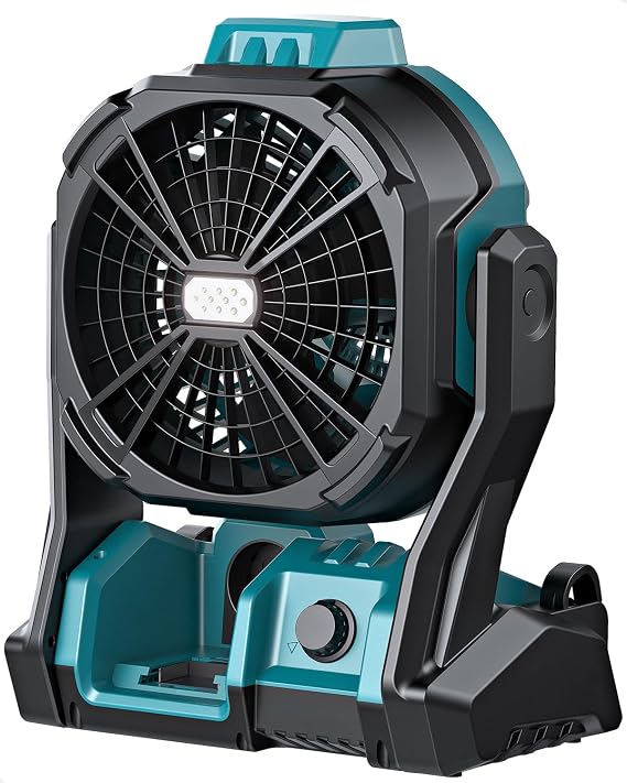 DeForce Battery Operated Fan, for Makita 18V Battery, Camping Fan Cordless, Option for Corded, with LED Lights, Variable Speed, Hook for Hanging, for Jobsite, Blue(Bare Tool Only)