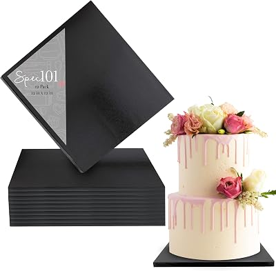 Square Cake Boards Bulk 12pk - 12 Inch Cake Drum Square Black Cardboard Base, 12 Inch Thick Pleated Foil Edge