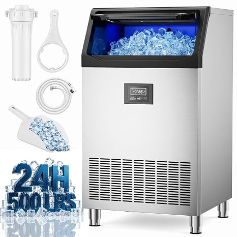 Commercial Ice Machine, 500Lbs/24H, 125LBS Large Storage Bin Ice, 162 Ice Cubes in 7-23min, Auto Cleaning & Timing Function, Under Counter/Freestanding Ice Maker for Bar Cafe Restaurant