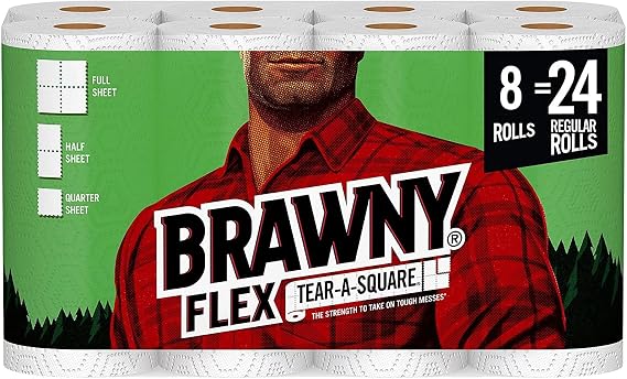 Brawny Flex Paper Towels, 8 Triple Rolls = 24 Regular Rolls, Tear-A-Square, 3 Sheet Size Options, Quarter Size Sheets