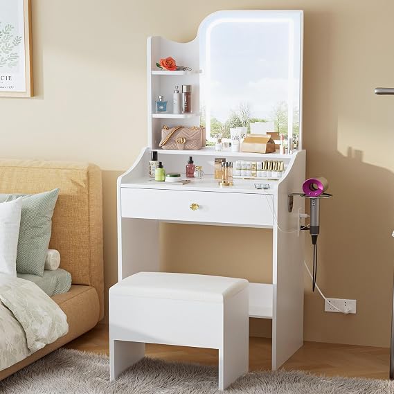 Small Vanity Desk with Mirror and Lights, Makeup Vanity Table Set with Power Outlet, Storage Stool,Open Shelves and Drawers, Dressing Makeup Table for Girls Bedroom, White