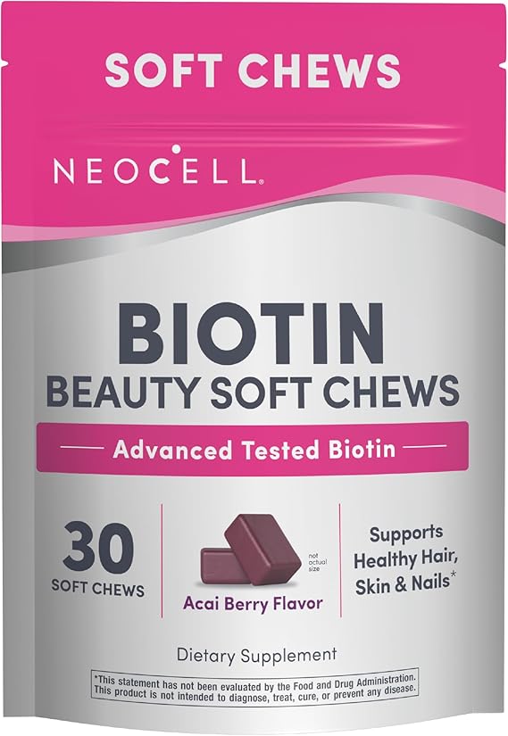 NeoCell Biotin Beauty Soft Chews | 30 Chewables | 10000mcg | Hair, Skin & Nails | Acai Berry Flavor