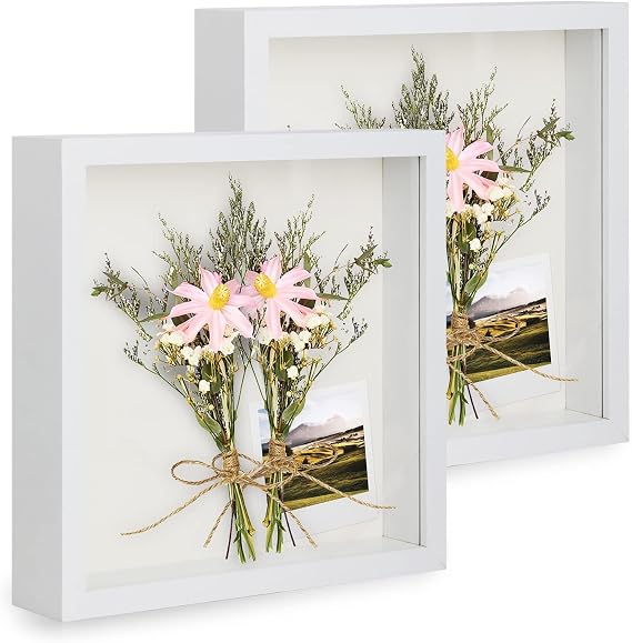 2pcs 8x8 Shadow Box Frame, 3D Picture Frame Display Cas with Real Transparent Glass for Photos, Memorabilia, Crafts, Souvenir, Wedding Memories, Baby Items - White/ 1.2 Inch Depth