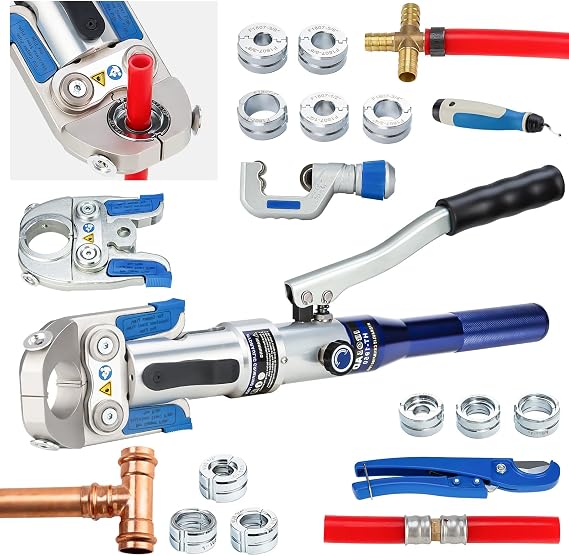 Hydraulic Copper Pipe Tube Fittings Crimping Tool with 30 Angle Jaw with1/2,3/4,1" Die for Copper Pipe and F877 Stainless PEX Press Sleeves,3/8" to 1" Die for F1807 Pex Pipe Copper Ring