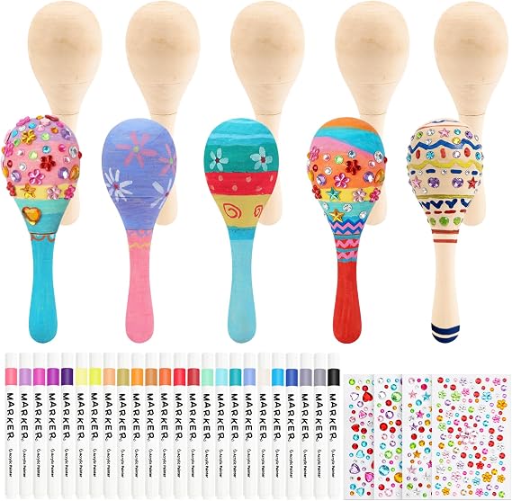 15 PCS Mini Wooden Maracas for Kids, Unfinished DIY Maracas with Multicolor Pens and Gem Stickers for Mexican Fiesta Cinco De Mayo Painting Shakers Baby Musical Toys Birthday Party Favor Supplies