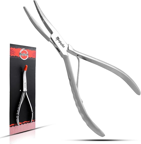 Manjushri Precision 6 Inches Bent Needlepoint Fish Pin Bone Pliers Tweezers for Removing, Plucking and Pulling Pin Bones Kitchen Pleirs Fish Bone Remover (Silver)
