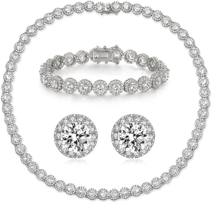 Gemsme 18K White Gold Plated Cubic Zirconia Tennis Necklace Bracelet Earrings for Women for Men Jewelry Set