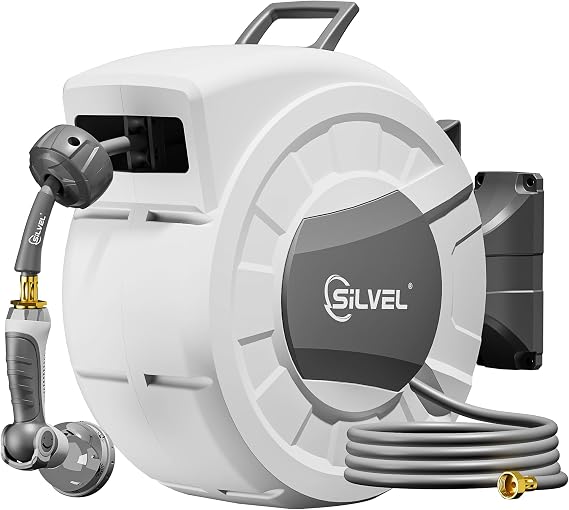 Retractable Garden Hose Reel, 1/2" x 100ft Wall Mount Heavy Duty Automatic Hose Reel with 10 Pattern Nozzle, Any Length Lock & Slow Return System, 180Swivel Bracket Upgraded UV Resistant,Light Grey