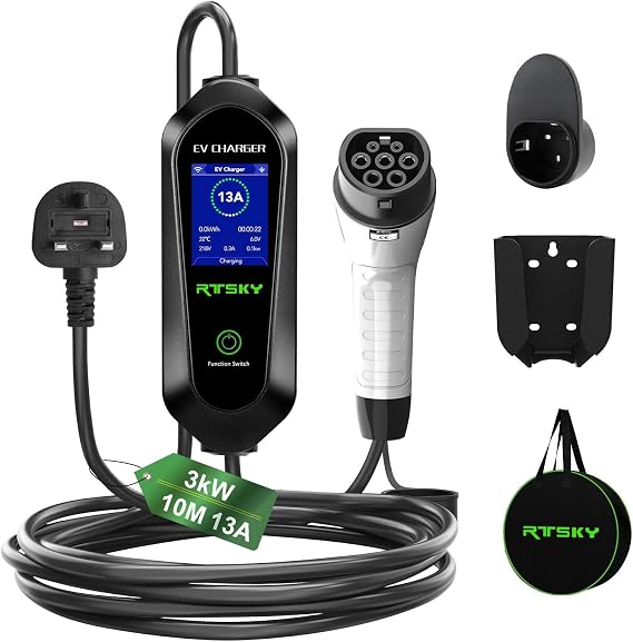 Ev Charger Cable Type 2 to 3 Pin UK Plug, 3KW 13A with Adjustable Current, Includes UI Display Screen, Storage Bag & Wall Mount,10M