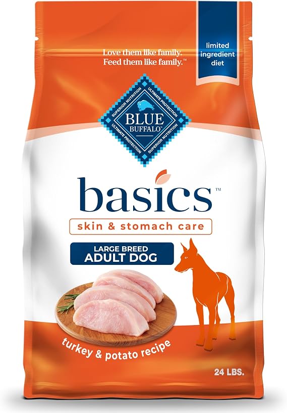 Blue Buffalo Basics Large Breed Adult Dry Dog Food, Skin & Stomach Care, Limited Ingredient Diet for Dogs, Turkey Recipe, 24-lb Bag