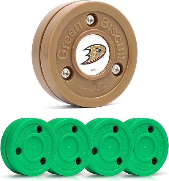 Green Biscuit 4-Pack Snipe New 2.0 Off Ice Hockey Pucks with 1 NHL Puck, Street Hockey Puck for Stickhandling and Shooting Practices - Official