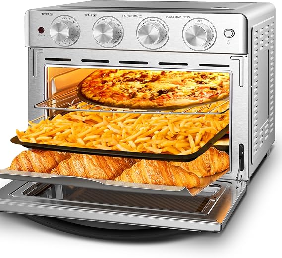 Geek Chef Air Fryer Toaster Oven 26 QT, Large AirFryer Convection Countertop Oven Combo with Easy Bake, Roast, Broil, Warm, 6 Slice Toast 7-in-1 Functions, 3 Layers with 4 Accessories,Stainless Steel