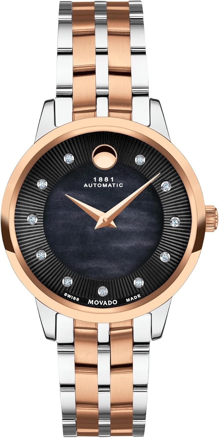 Movado 1881 Womens Watch - Swiss Automatic Movement, Stainless Steel Link Bracelet with Diamonds - 3 ATM Water Resistance - Luxury Fashion Timepiece for Her - 30mm