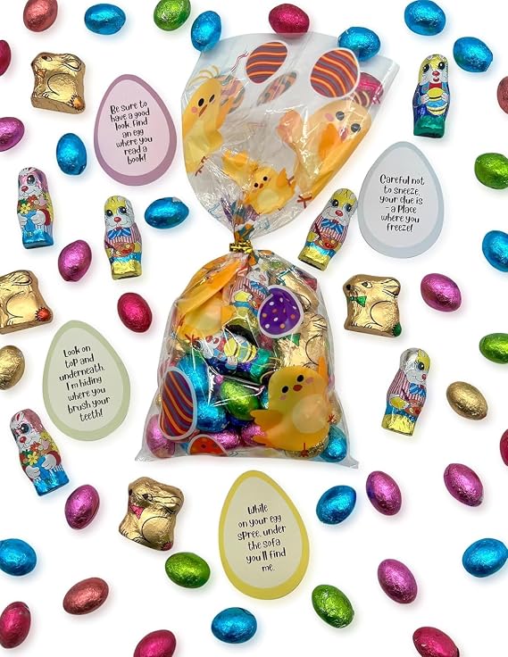The Ultimate Easter Egg Hunt Selection Bag - Clue Cards, Golden Bunnies, Chocolate Eggs & More - Perfect Egg Hunt Kit - Over 50 Items
