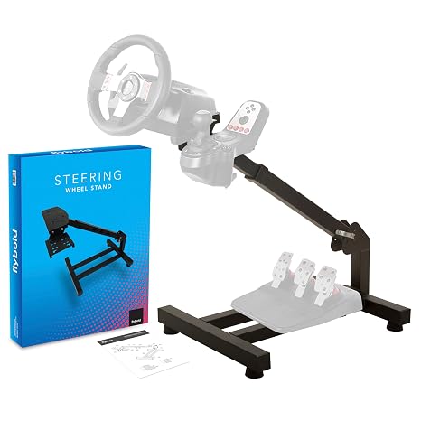 flybold Racing Steering Wheel Stand - Adjustable Gaming Wheel Mount for Logitech, Thrustmaster, and Fanatec Wheels - Includes Gear Shifter Mount, Pedal Support - Foldable, Easy Storage, 19x25x4-Inch