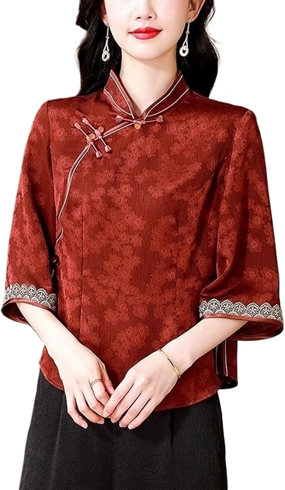 Spring Summer Embroidered Silk Shirt,Chinese Style 3/4 Sleeve Wrap Cheongsam Top