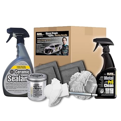FLITZ Mason Maggio Racing Bundle - USA-Made Car Cleaning Kit - Includes 1lb Polish, 32oz Sealant, 16oz Metal Pre-Clean, 2 Buff Balls, 4 Microfiber Cloths - Professional Car Detailing Kit to Restore