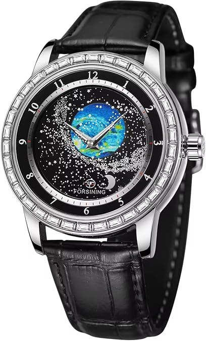 Men Creative Automatic Mechanical Watch Luxury Diamond Rotational Starry Sky Dial Moon Phase Luminous Wristwatch