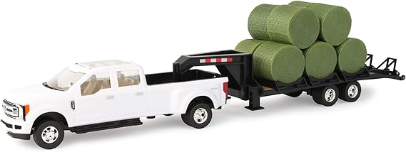 TOMY John Deere Ford Pickup with Gooseneck Trailer with Bales & Bale Holder, White, Green, Unisex Children