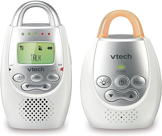 VTech Communications DM221 Audio Baby Monitor with up to 1,000 ft of Range, Vibrating Sound-Alert, Talk Back Intercom & Night Light Loop, White/Silver