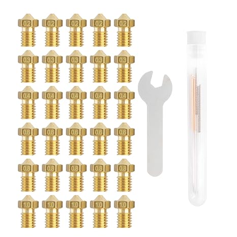 30pcs V6 Nozzle Brass 3D Printer Nozzles Set 0.2mm 0.3mm 0.4mm 0.6mm 0.8mm 1.0mm with Cleaning Needles for 3D Printer