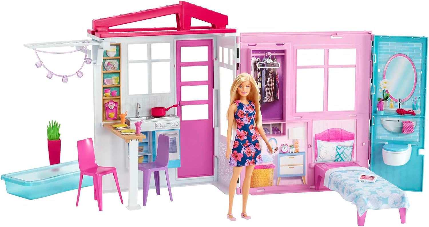 Barbie Doll and Dollhouse, Portable 1-Story Playset with Pool and Accessories, for 3 to 7 Year Olds, GWY84