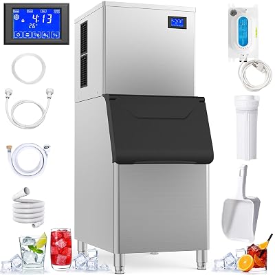 Commercial Ice Maker 490Lbs24H Commercial Ice Machine with 400LBS Large Storage Bin for Business Cafe Bar 490Lbs24H