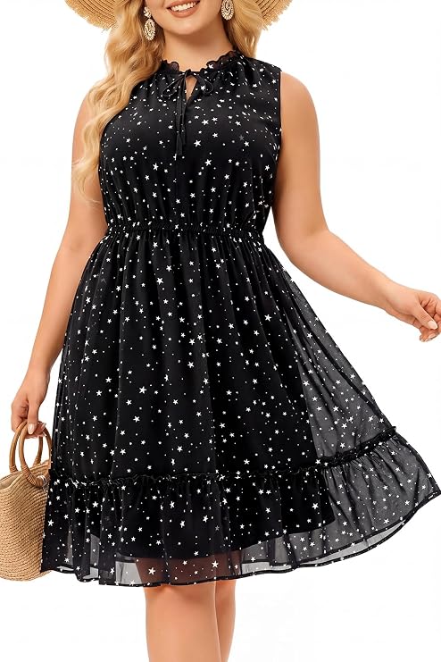 Women Plus Size Summer Sleeveless Chiffon Short Flowy Casual Swing Dress