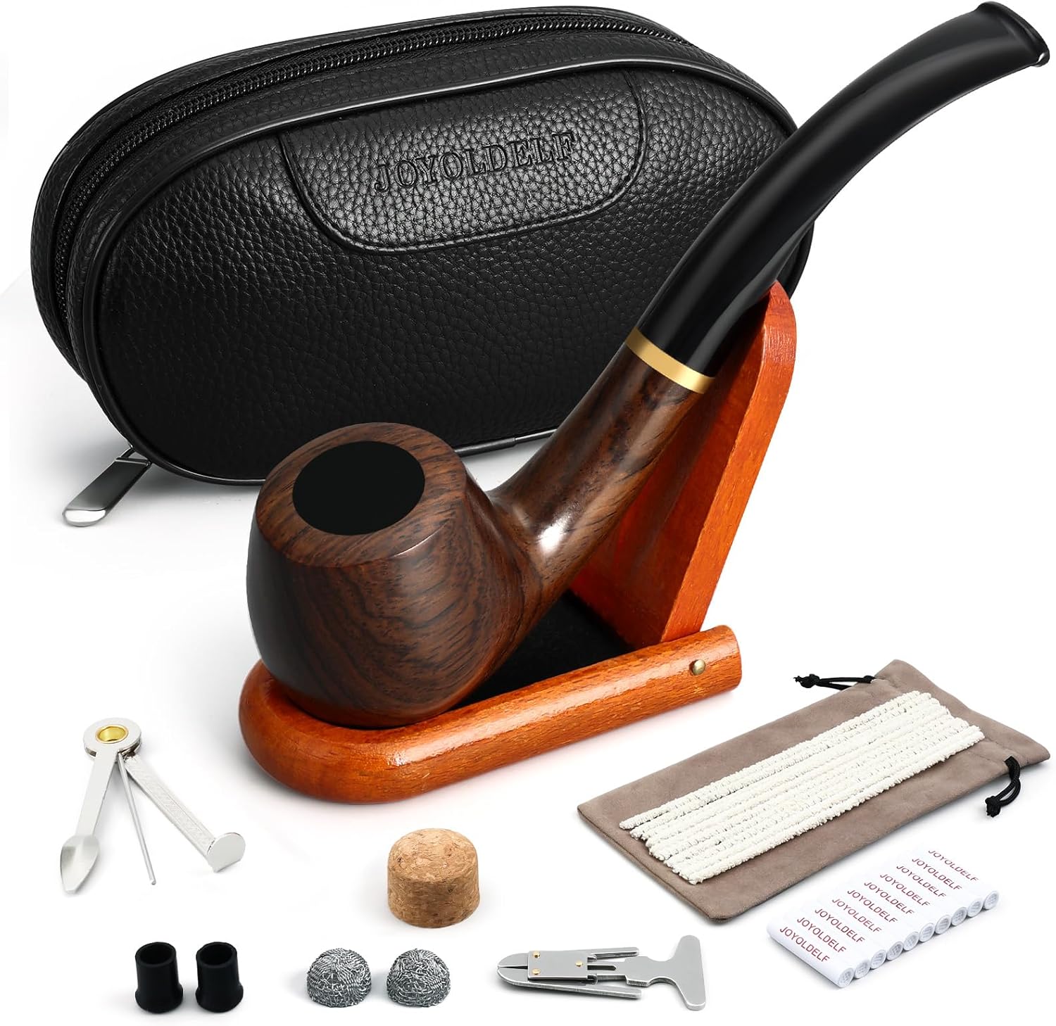 Joyoldelf Smoking Pipe, Luxury Tobacco Pipe with Leather Pipe Pouch, Windproof Tobacco Pipes for Beginner with 9mm Pipe Filter, Pipe Stand and Smoking Accessories