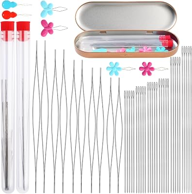 Uzecpk 76PCS Beading Needles Set, 60 PCS Long Straight Beading Thread Needles 10 PCS Big Eye Beading Needles with Needle Bottle Threaders for Bracelets and Jewelry Making
