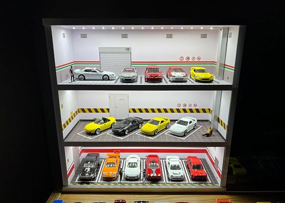 1:64 Scale Model Display Case for Collecting Hot Die-cast Wheel, Garage Display Show Case with LED Light & Acrylic Cover, 3-Tiers Vehicle Car Parking Lot Box, White