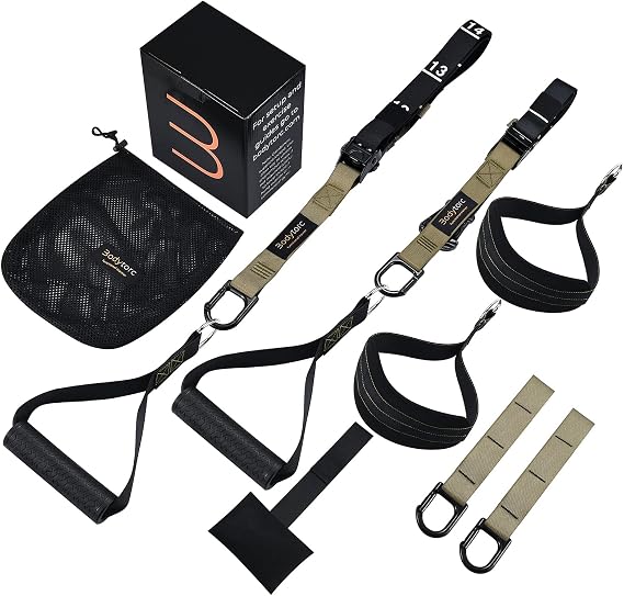 Suspension Trainer, Bodyweight Training Straps for Full Body Workouts at Home, Includes Door Anchor, Extension Arms and Advanced Foot Straps.