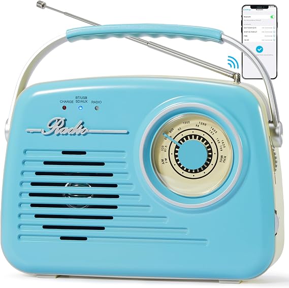 Radios Portable Am Fm Kleine Retro Vintage Radio Bluetooth AA-Batterie betriebene Radio oder Stecker in der Wand Unterstützung SD-Karte AUX USB MP3-Player für Haus/Outdoor (Blue)