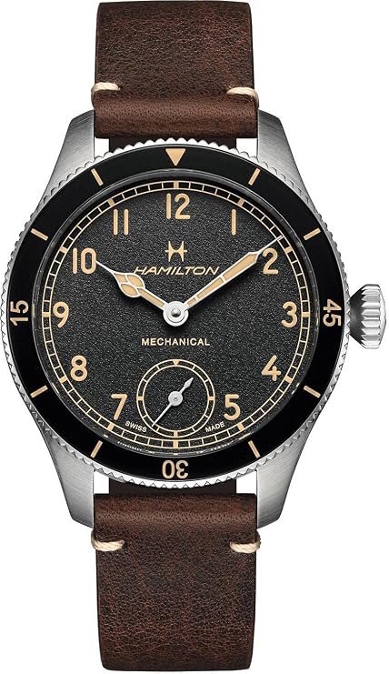 Hamilton Khaki Aviation Pilot Mechanical Men's Watch, 43mm Stainless Steel Case, Swiss Made, Black Dial Analog Wrist Watch for Men, 100m Waterproof, Sapphire Crystal, Calf Leather Strap