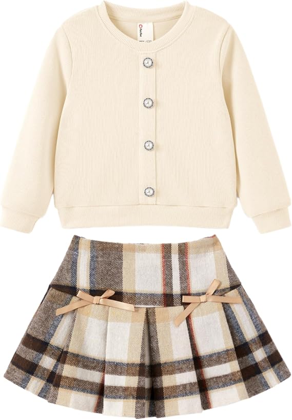 PATPAT Toddler Girl 2 Piece Skirt Sets Knit Pullover and Pleated Plaid Skirts Clothing Sets 4-12 Years Fall/Winter Outfits