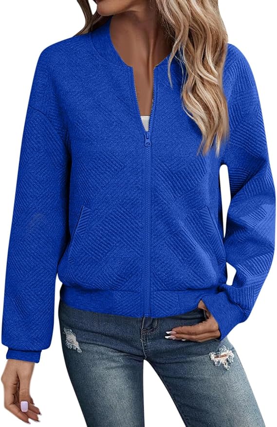 Bomber Jacket Women Textured Zip Up Casual Jackets Lightweight Fall Cropped Quilted Jackets Coat with Pockets