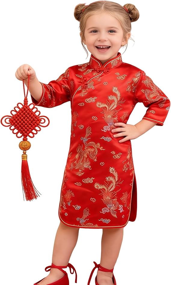 Girls Dress Chinese Dragon Phoenix Qipao Half Sleeve Cheongsam Dress Princess Birthday Party Costume