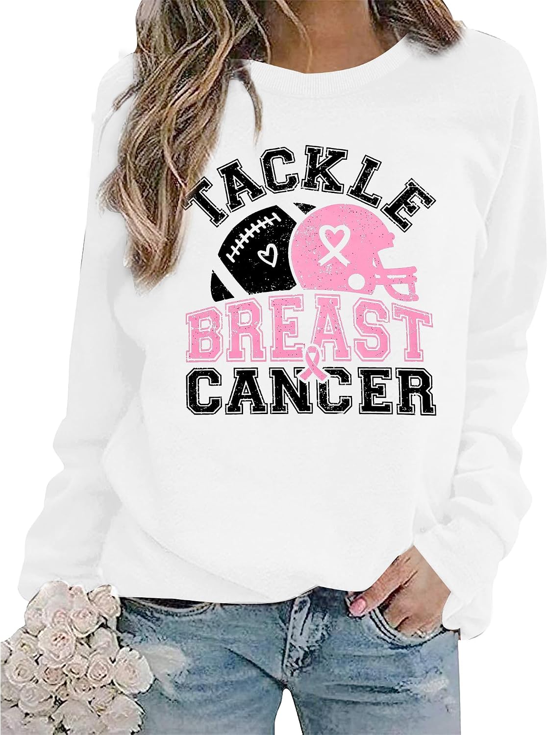 BANGELY Breast Cancer Awareness Sweatshirt Women Tackle Breast Cancer Football Shirts Pink Ribbon T Shirts Long Sleeve Tops
