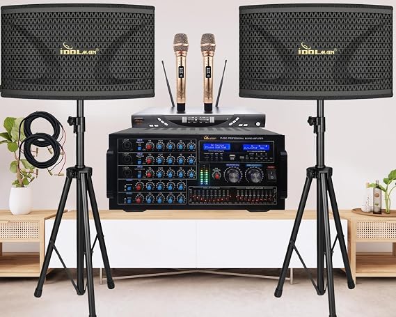 IDOLmain Full- Featured Professional Home Karaoke System with 6000W Mixing Amplifier with Dual High-End Wireless Microphones, Dual 4000W 12" Speakers