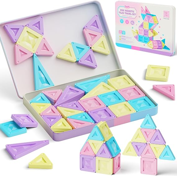 burgkidz Magnetic Tiles Travel Set: 40Pcs Pastel Macaron Portable Tin Case | Ultralight Tin Box Serves As Building Base, 45+ Mins Quiet Play, Fits Lap Tray for Airplane Trips, STEM Toy for Kids Ages 3+