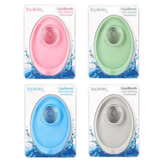 LiquiBands Face Washing Wristbands Bundle Silicone Spa Bands to Catch Water Drips & Keep Sleeves Dry (Blush Pink, Sky Blue, Dove Grey, Sage Green)