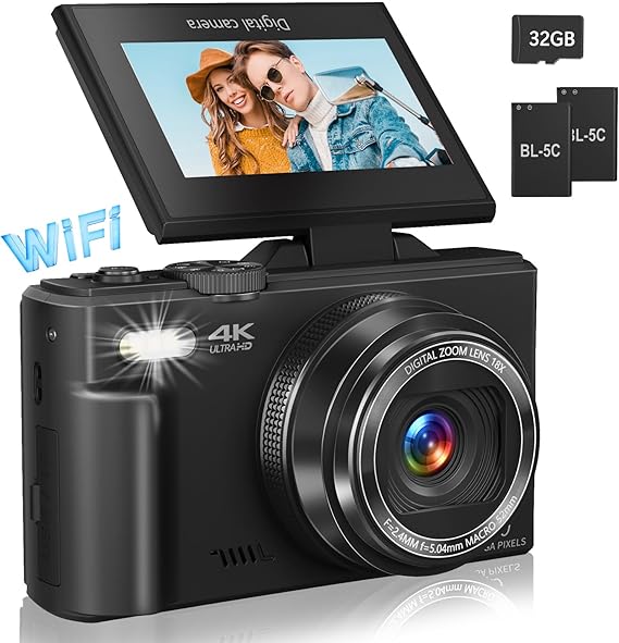 Gavonde Digital Camera for Photography, 4K Vlogging Camera with 3" 180° Flip Screen, 18X Digital Zoom, Black