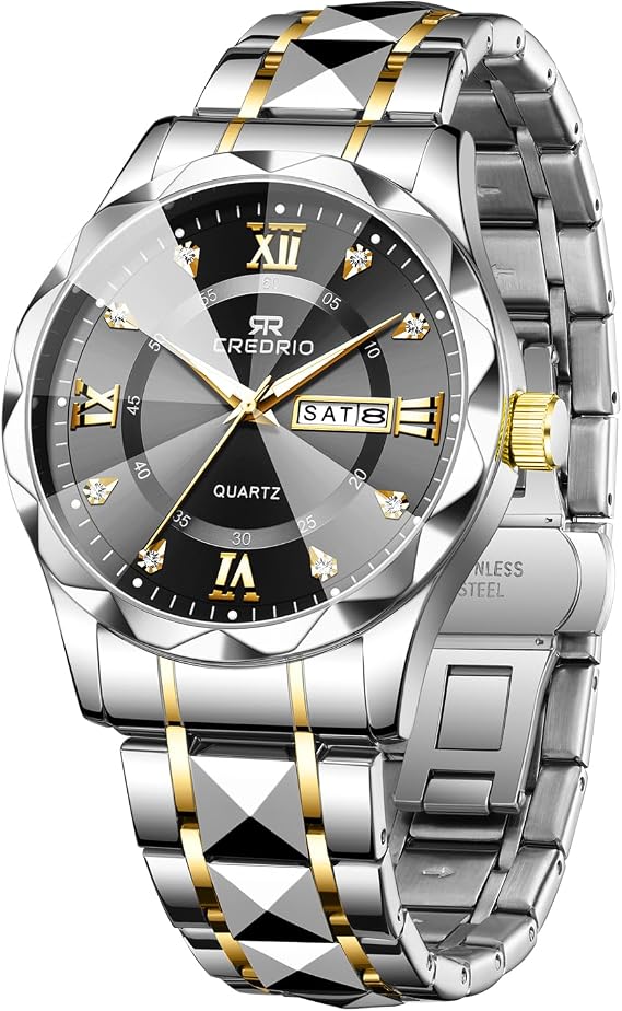 Watch for Men Stainless Steel Waterproof Diamond Business Dress Analog Quartz Luminous Date Two Tone Luxury Casual Wrist Watch